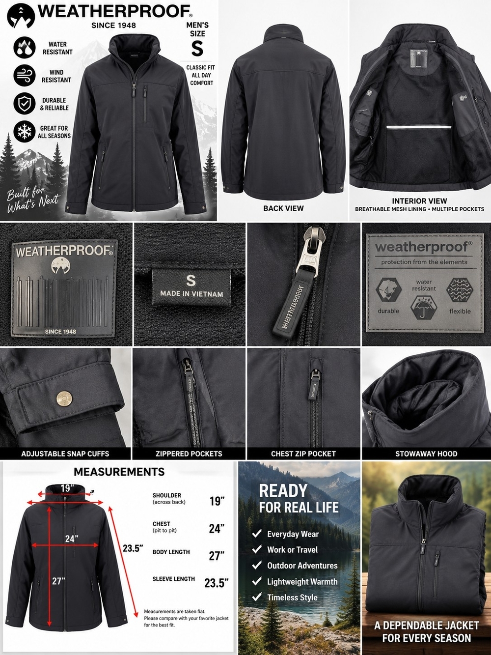 Weatherproof Men’s Black Water-Resistant Jacket small